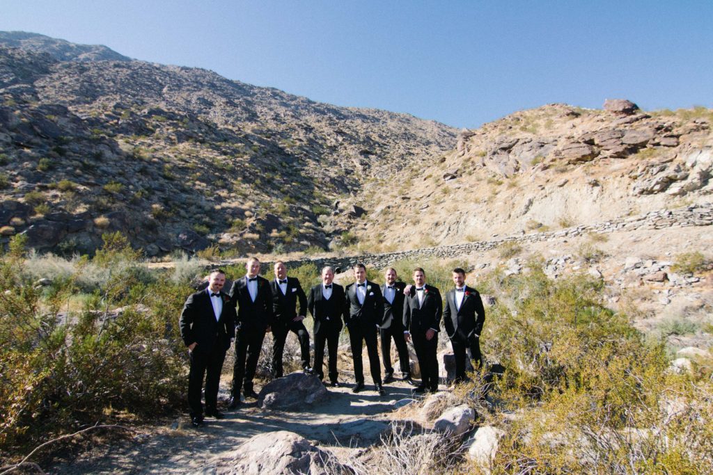 Portrait of groomsmen with the mountains behind them, in the desert. 