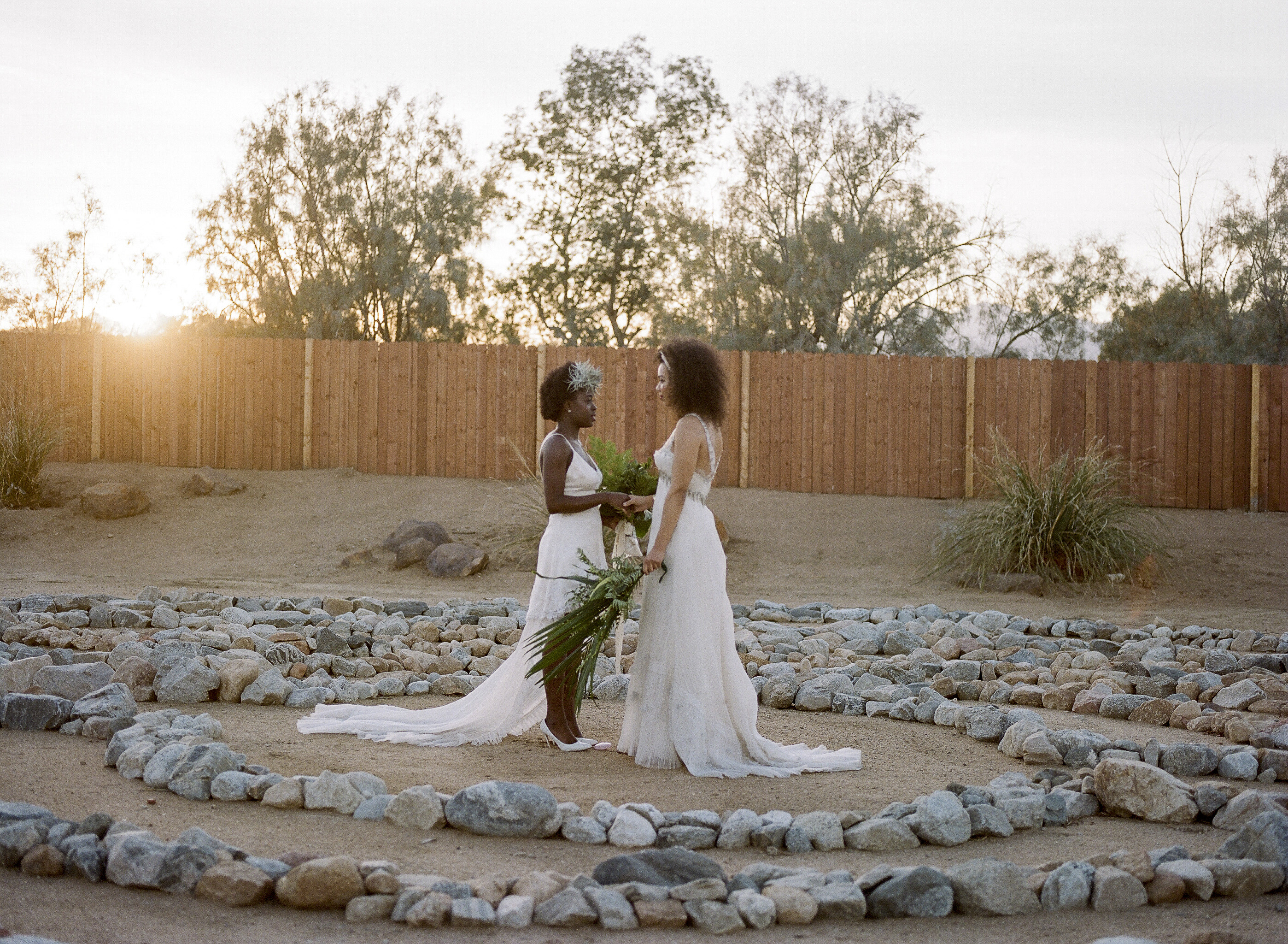 Photography of Two Brides In a Labyrinth at Joshua Tree