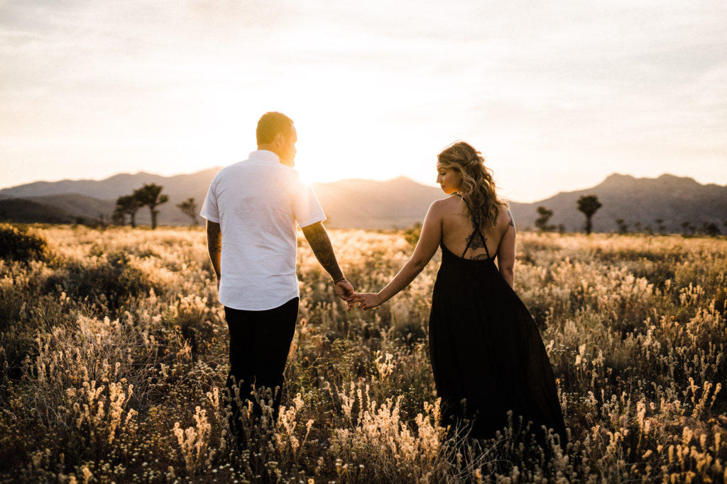 sunset photo of bride and groom for their joshua tree engagement photos